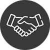 White handshake icon on a dark circular background, symbolizing integrity and partnership