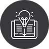 White icon of an open book with a glowing lightbulb above it, symbolizing learning and innovation, on a dark circular background