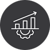 White icon of a bar chart with an upward arrow and a gear underneath, symbolizing performance and growth, on a dark circular background