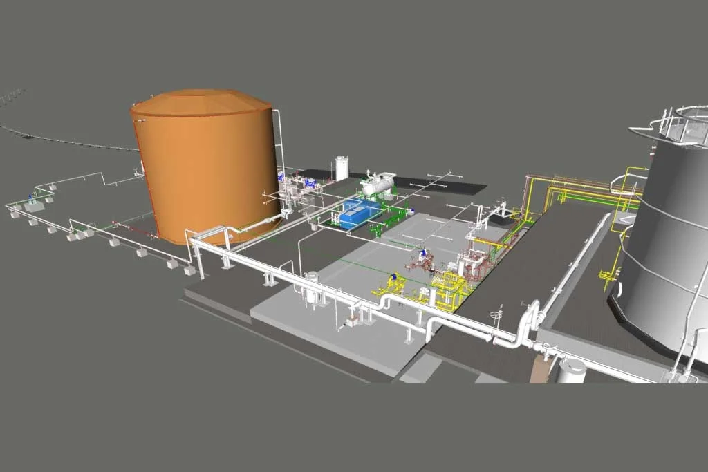3D model of an industrial plant layout with storage tanks, pipelines, and processing units